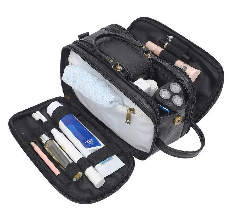 Black and brown solid colour men's PU toiletry bag for travel storage