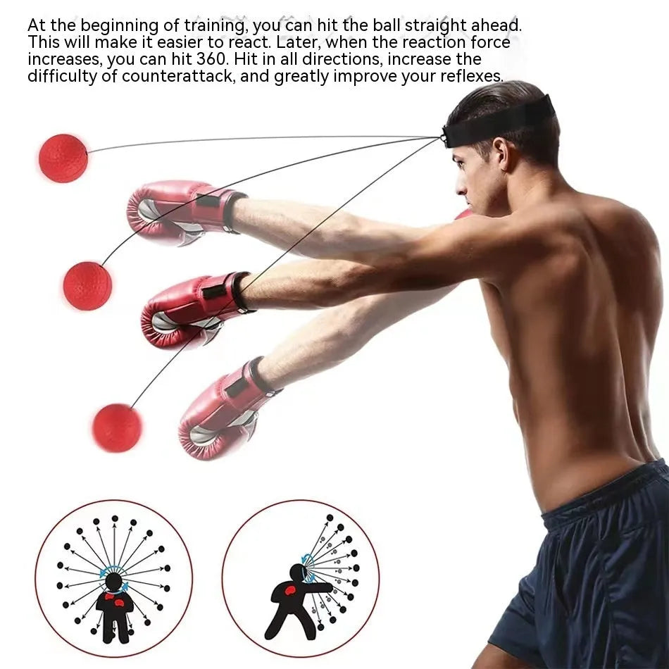 Head-mounted boxing reaction training ball set showing multiple coloured balls and adjustable headbands.