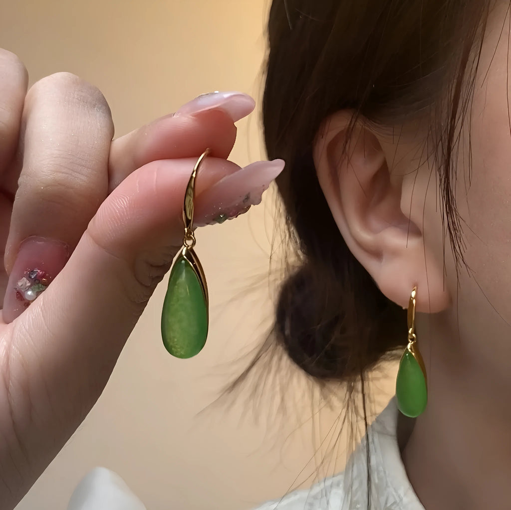 Chinese style geometric earrings with electroplated copper construction and jade CP798 colour