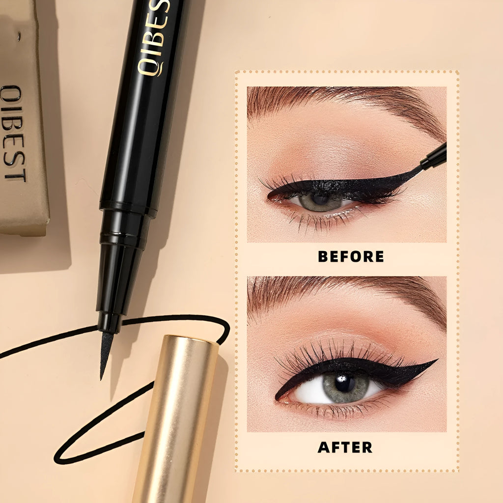 Black liquid eyeliner pen with fine tip applicator for waterproof smudge-proof makeup