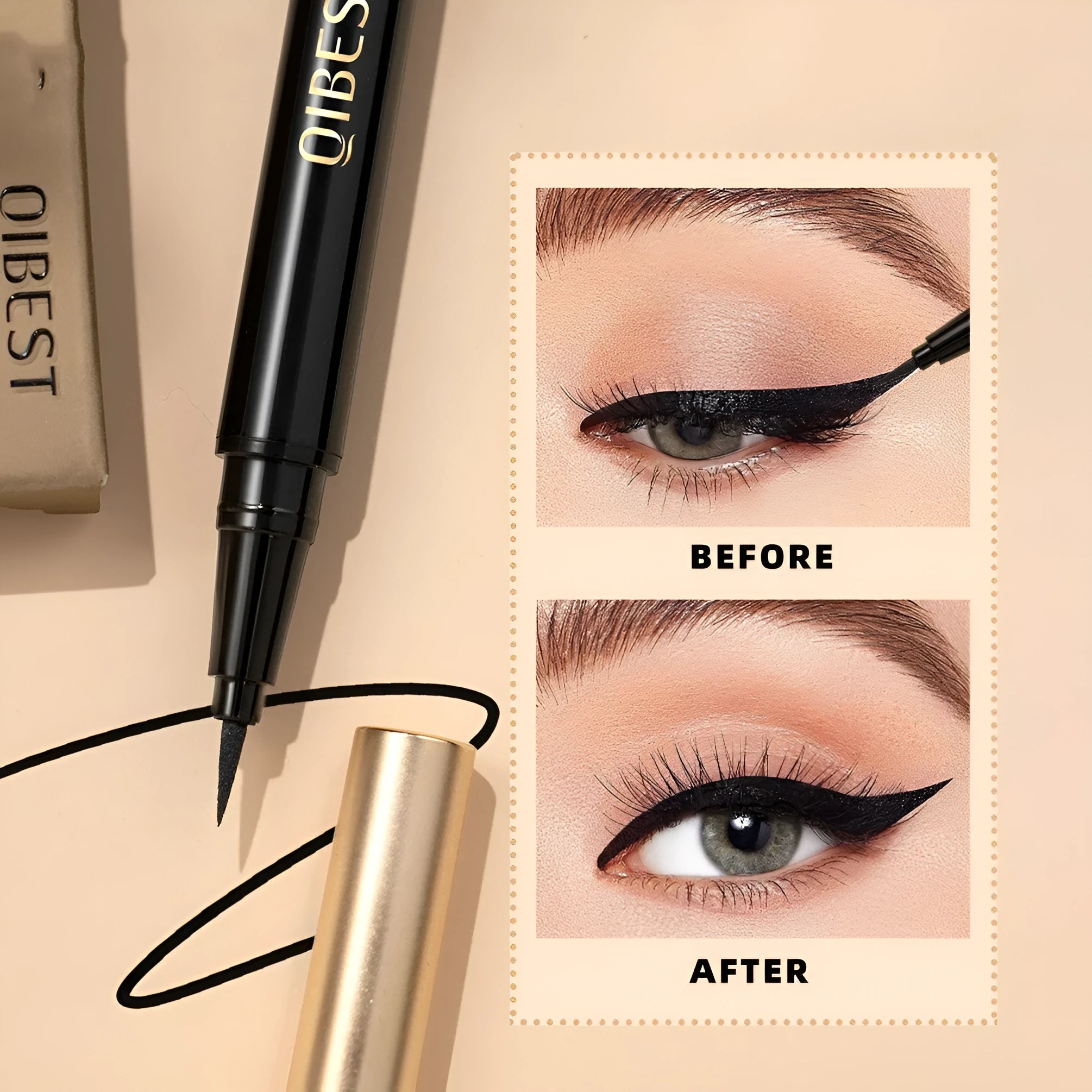 Black liquid eyeliner pen with fine tip applicator for waterproof smudge-proof makeup