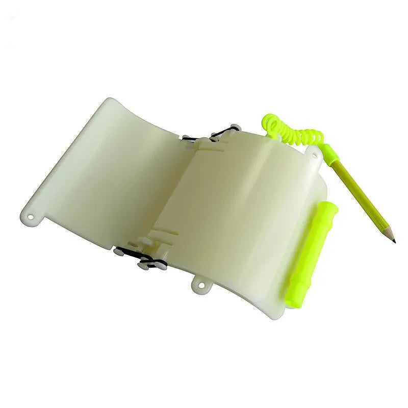 White luminous dive slate wristboard for underwater communication with pencil and spare O-ring seal