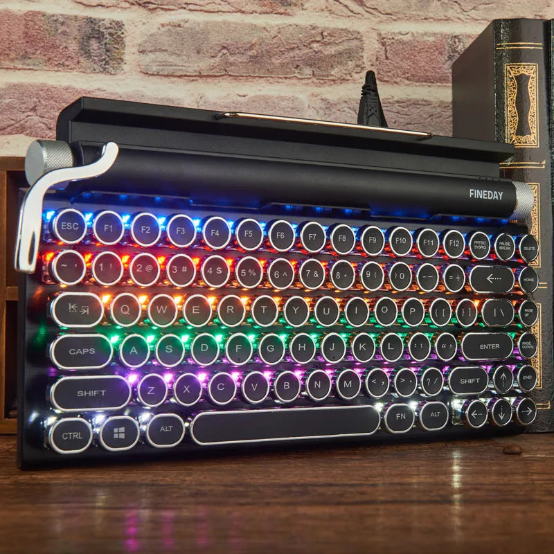 Black retro typewriter-style mechanical keyboard with Bluetooth connectivity and seven-colour backlight