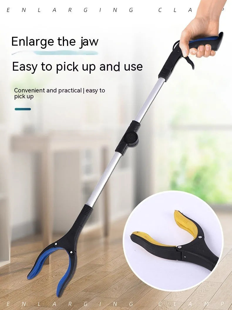 Foldable aluminium garbage clamp with extended silver rod and blue handle, showing magnet sucker attachment.