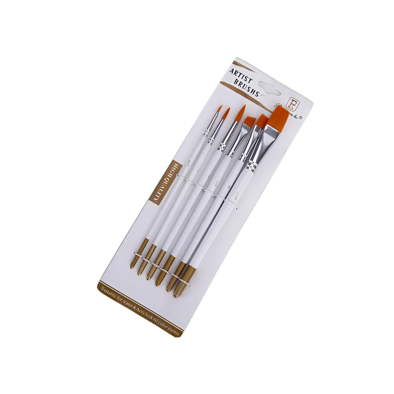 Set of six paint brushes with wooden handles and silver ferrules on a white background