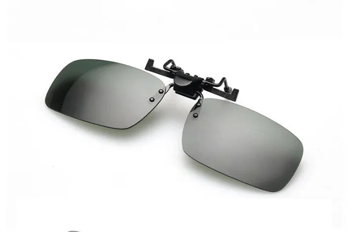 PC clip-on sunglasses accessory for prescription glasses in large or small size with gray, green, or night vision lens.