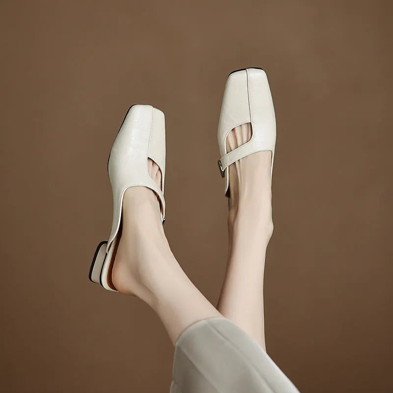 British style square head outdoor slippers in black with low heel and rubber sole
