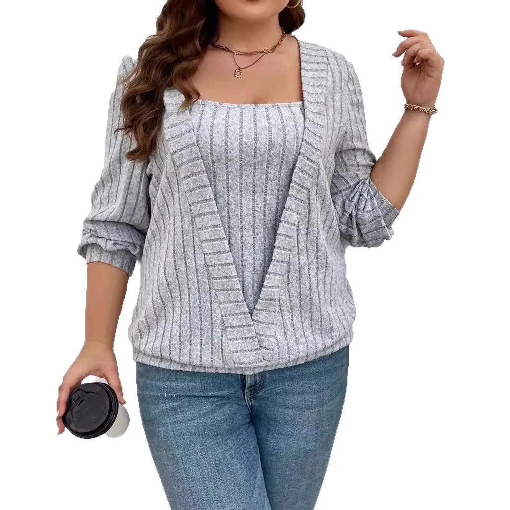 Women's solid colour rib fabric V-neck false two-piece suit with long sleeves in loose fit