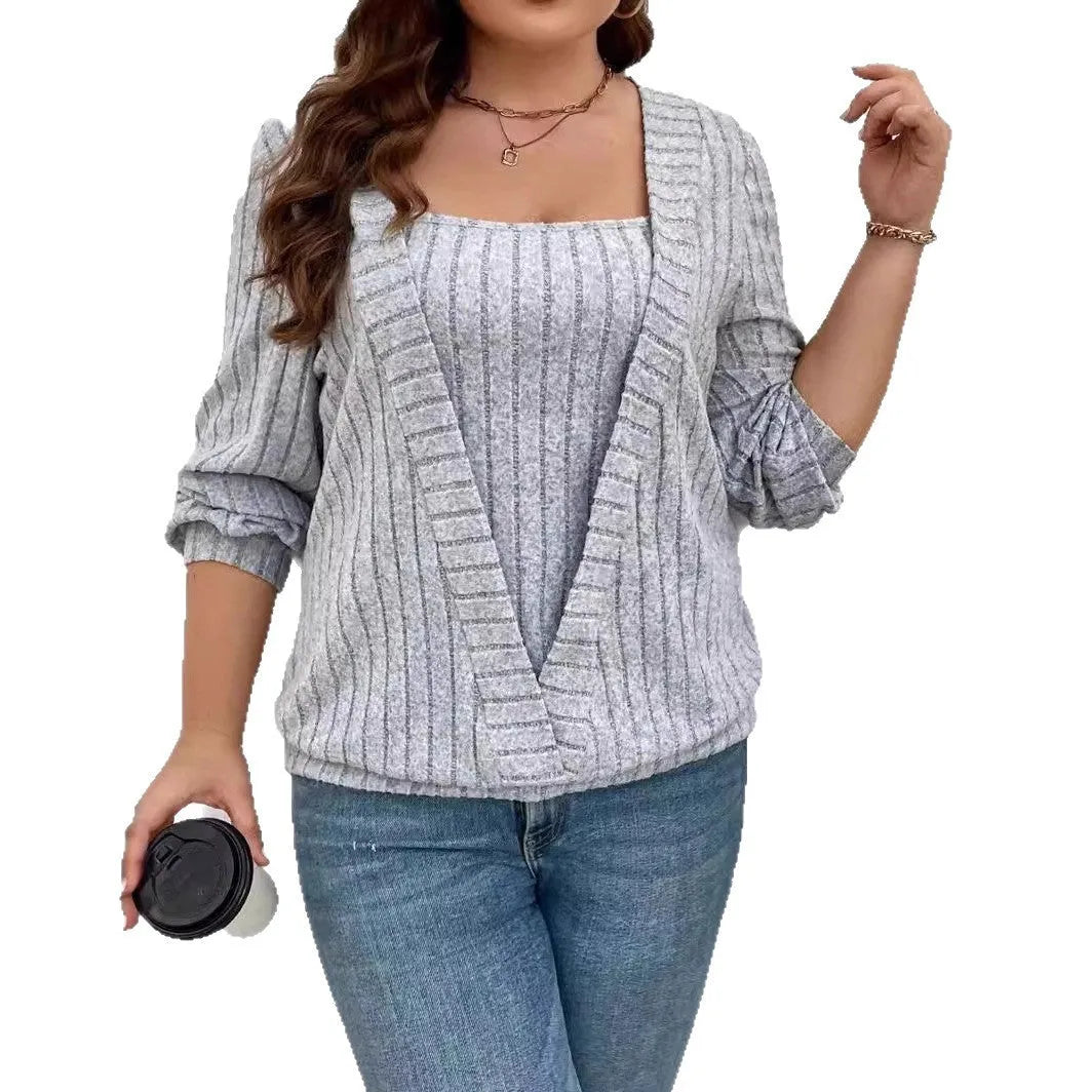 Women's solid colour rib fabric V-neck false two-piece suit with long sleeves in loose fit