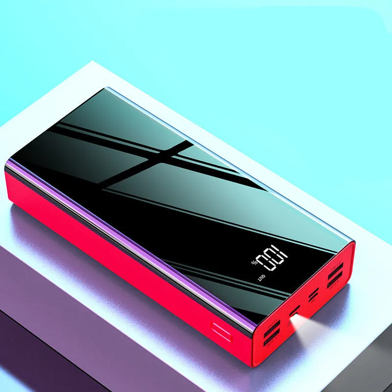 Black and red 40000 mAh power bank showing LCD display screen on front