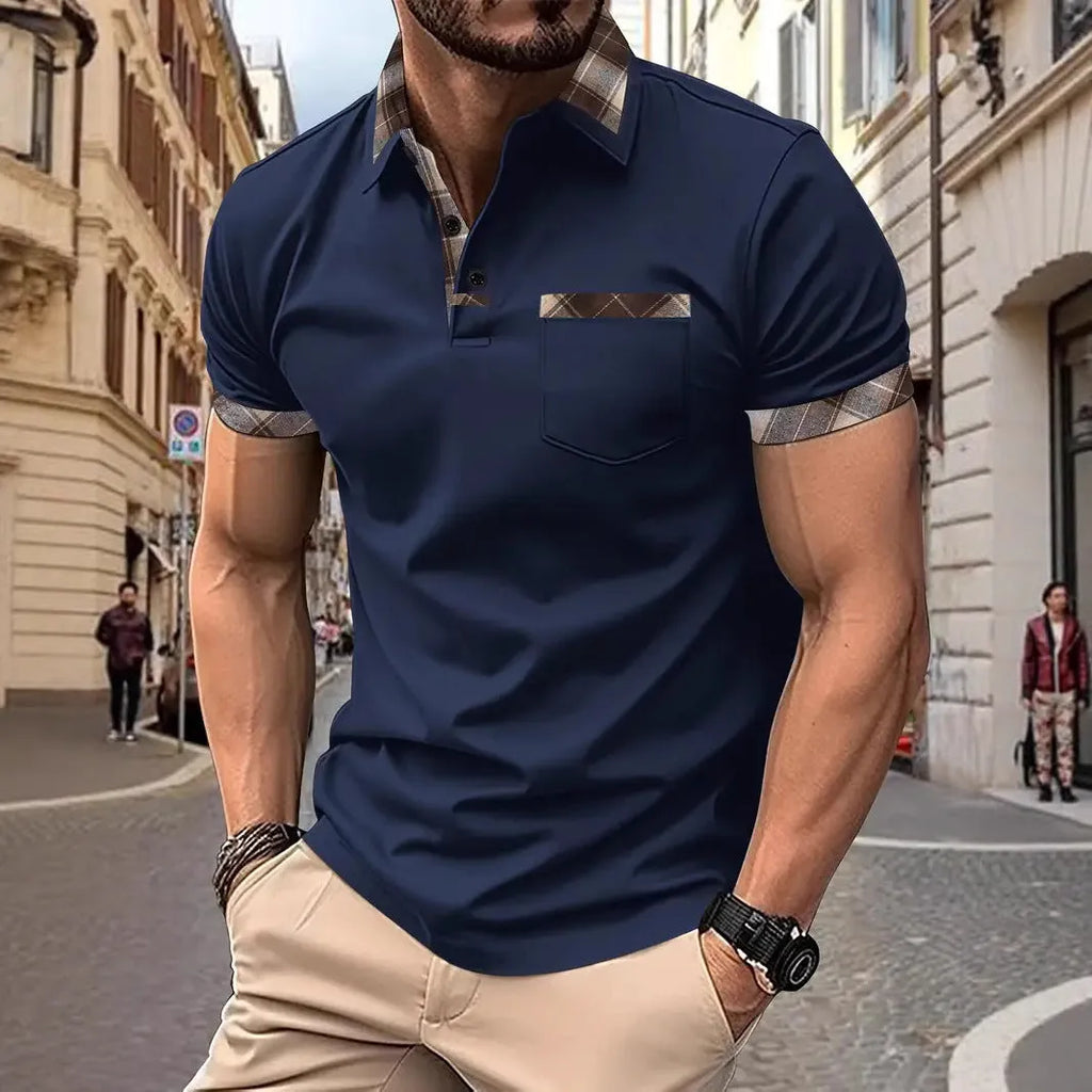 Men's colourblock plaid t-shirt with short sleeves and zipper decoration detail