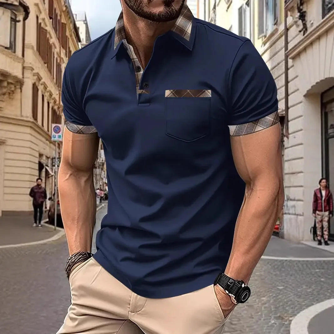 Men's colourblock plaid t-shirt with short sleeves and zipper decoration detail