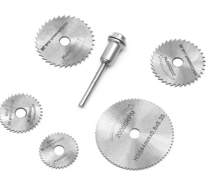 Six circular saw blades with mandrel for rotary tools, high-speed steel construction for wood cutting