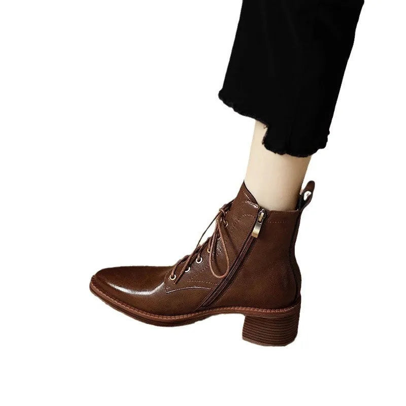 Women's French elegant pointed-toe short tube boots in black or brown with 5.5cm heel