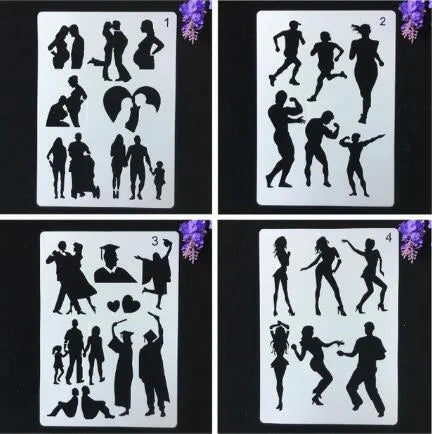 Set of white plastic drawing stencils with assorted cut-out patterns for crafts and decoration.