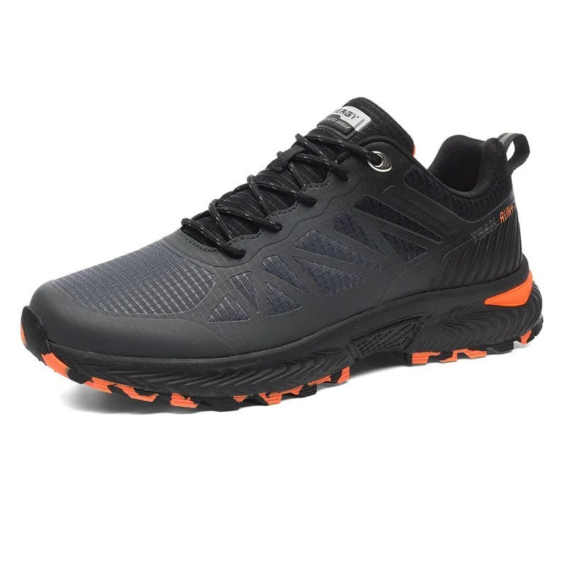 Men's black and grey breathable mesh running shoe with lace-up front and rubber sole