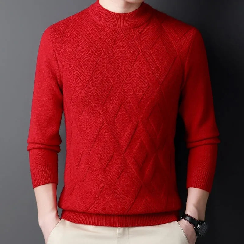 Men's thick grey diamond jacquard wool-blend pullover sweater on a hanger.