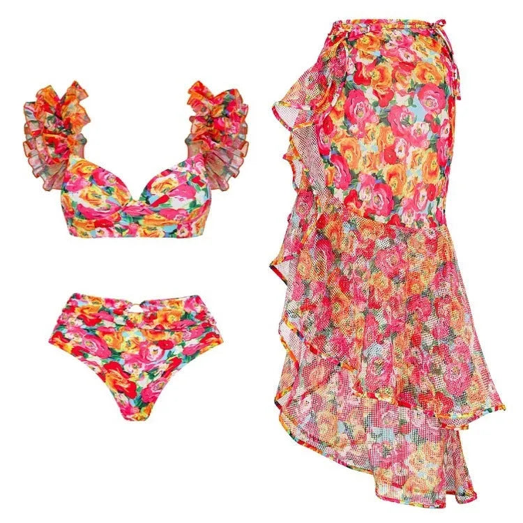 Women's floral print swimsuit with high waist bottom and push up bikini top in blue floral pattern