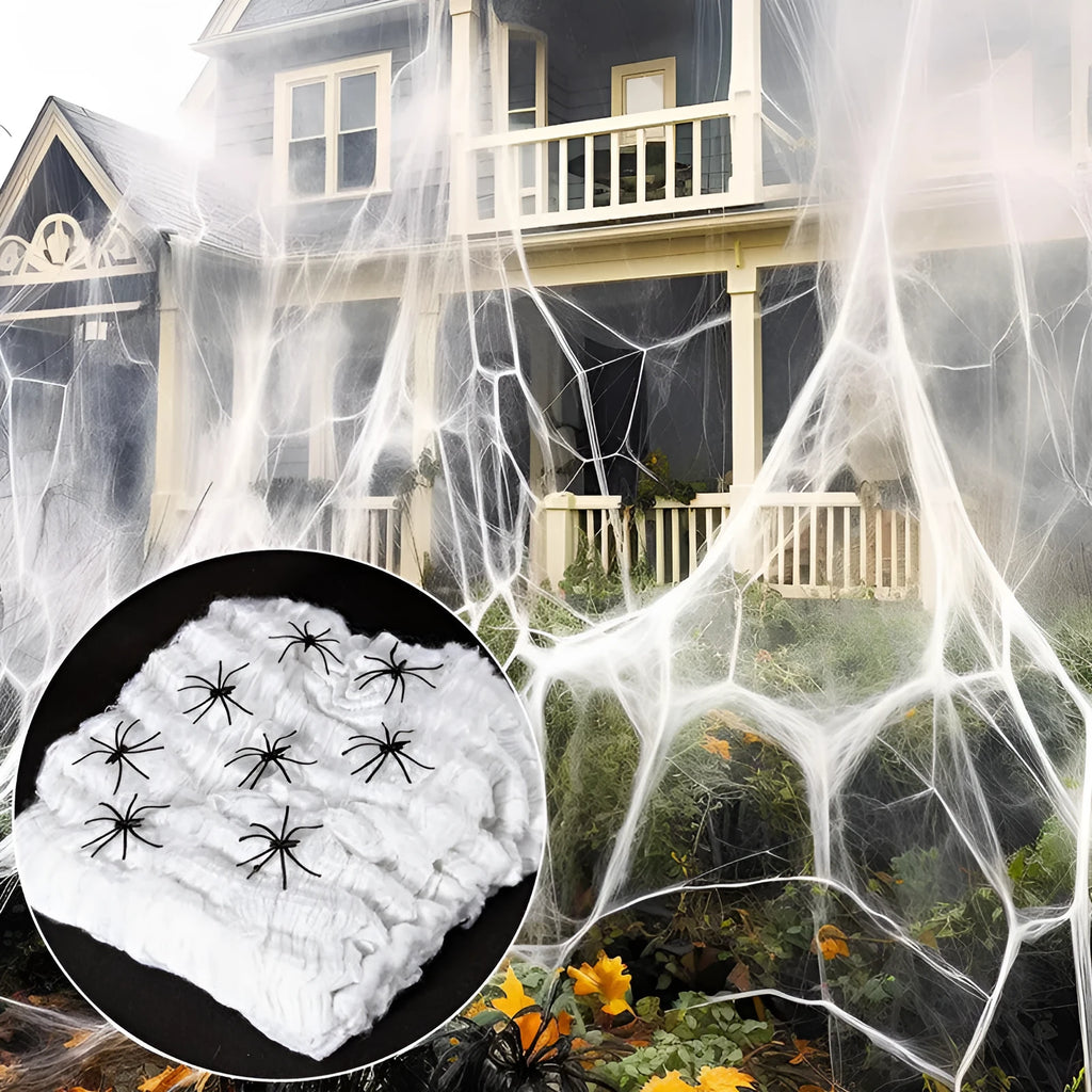 Halloween decoration bundle showing white cotton spiders in various pack sizes for haunted house props