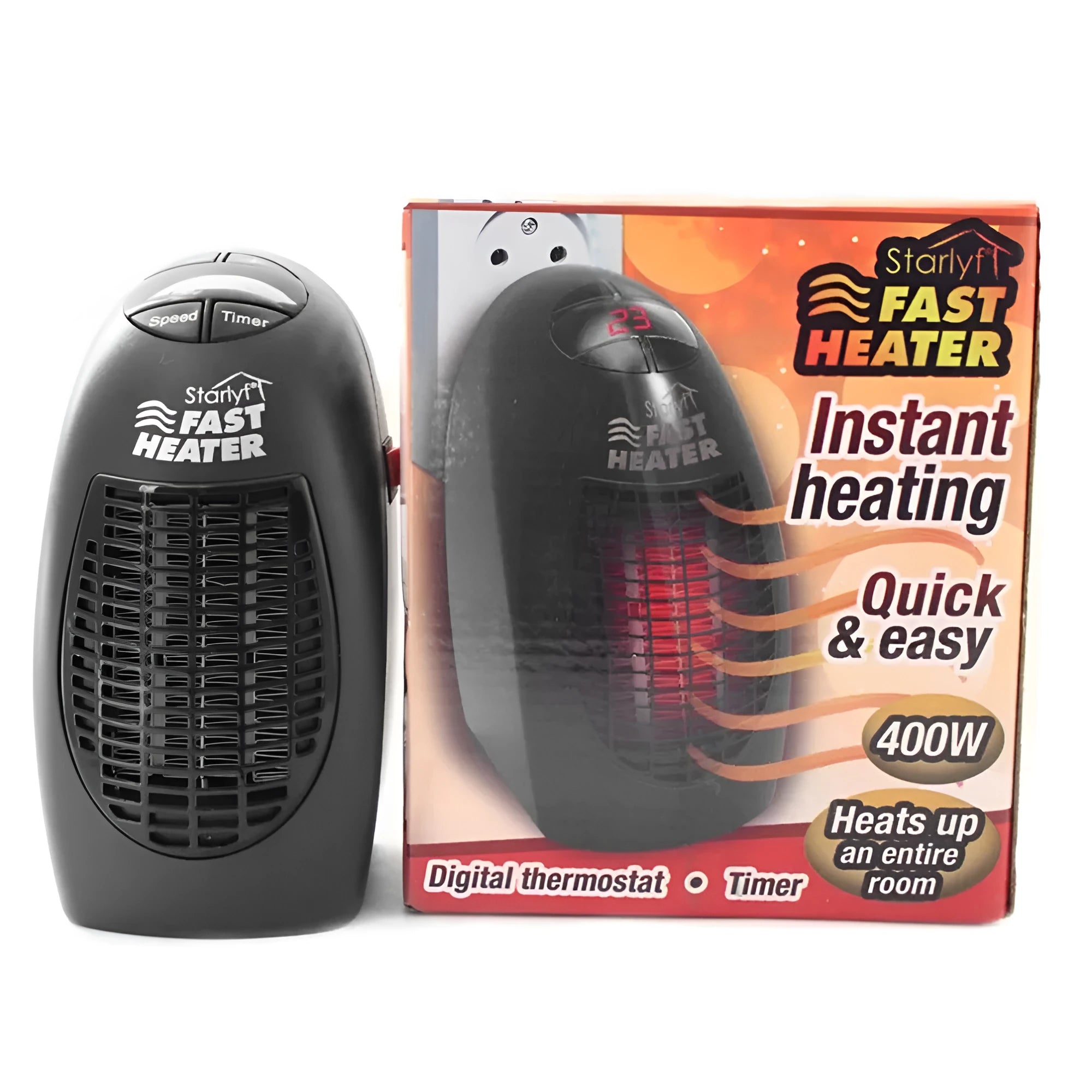 Black compact electric heater with digital display and rotating plug