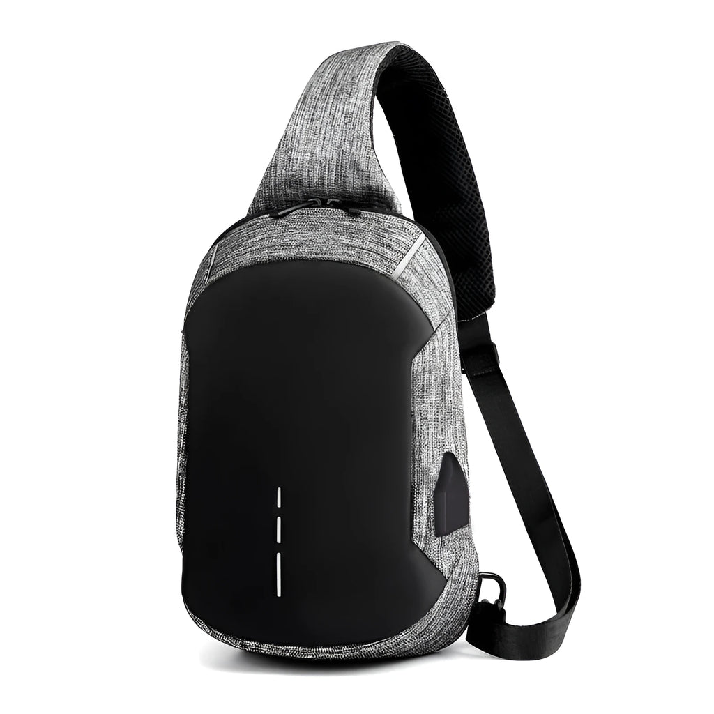 Small dark blue oxford cloth waterproof chest bag with a zipper and car suture detailing.