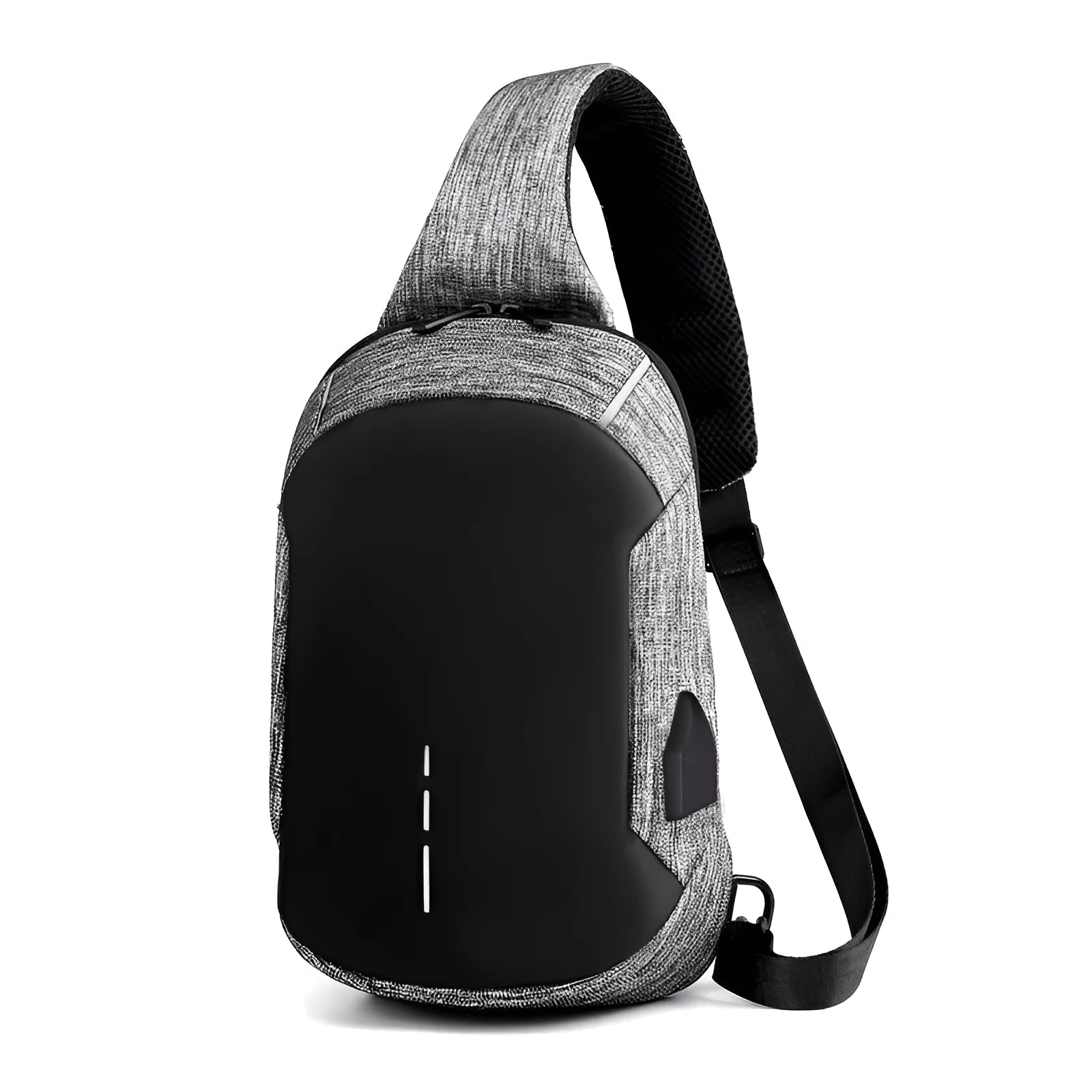 Small dark blue oxford cloth waterproof chest bag with a zipper and car suture detailing.