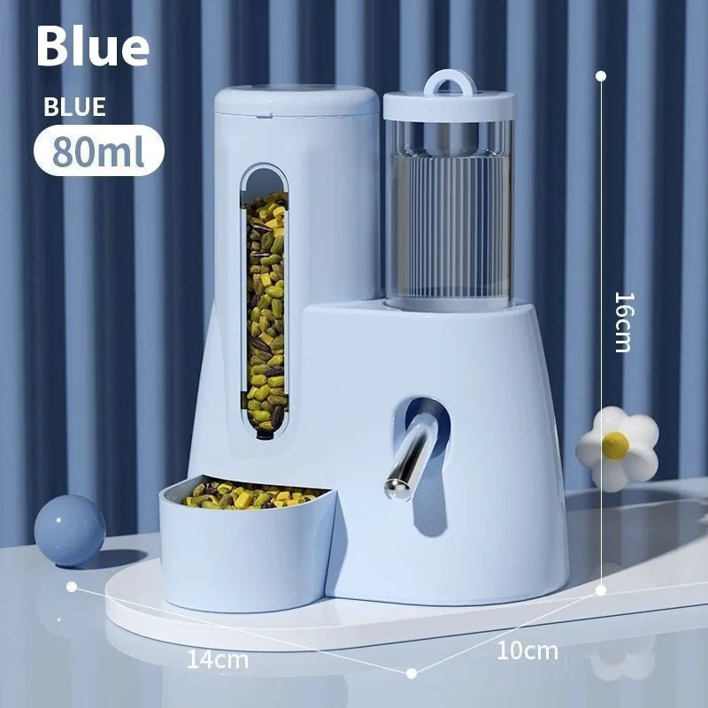 Hamster automatic drinking water feeder with integrated food basin in blue, pink, or white.