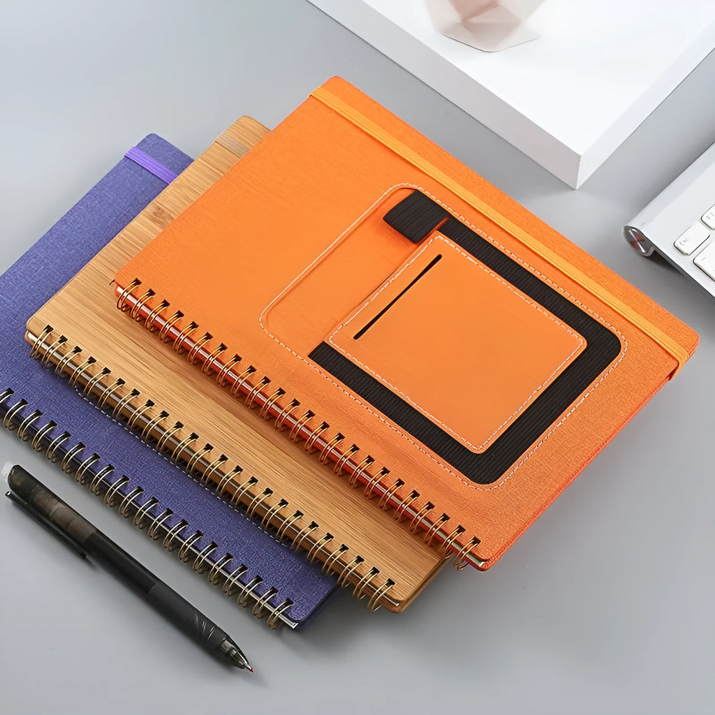 A5 erasable spiral notebook with stone paper, custom cover options including pockets and sticky notes