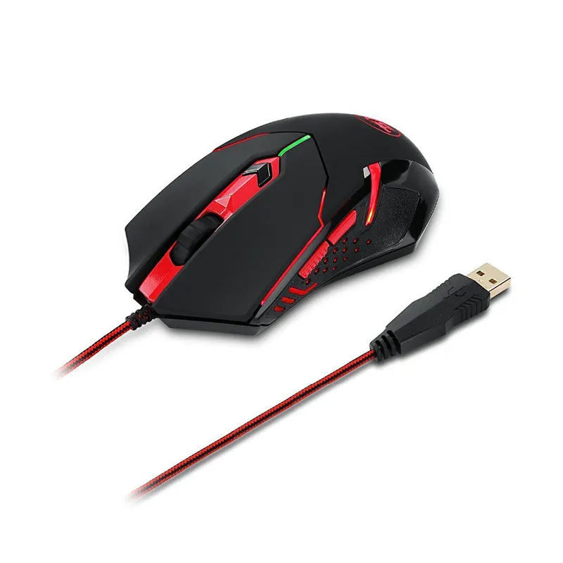 Black and red wired USB optical computer mouse with six buttons on a desk.