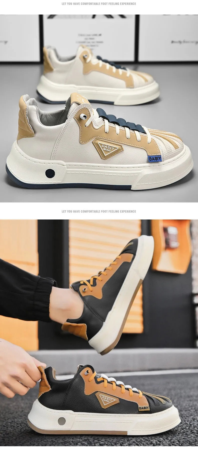 Men's beige low-top sneakers with elastic band and mesh lining for casual wear
