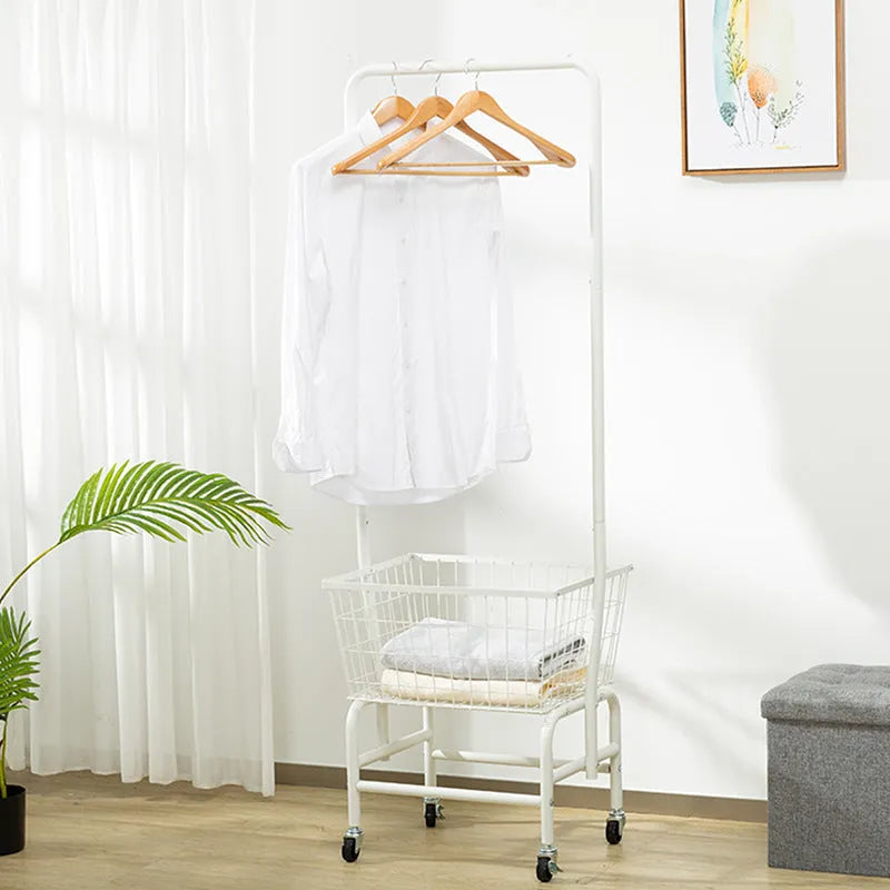 White iron pulley storage car with single rod for hanging clothes on hangers