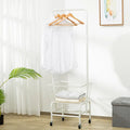 White iron pulley storage car with single rod for hanging clothes on hangers