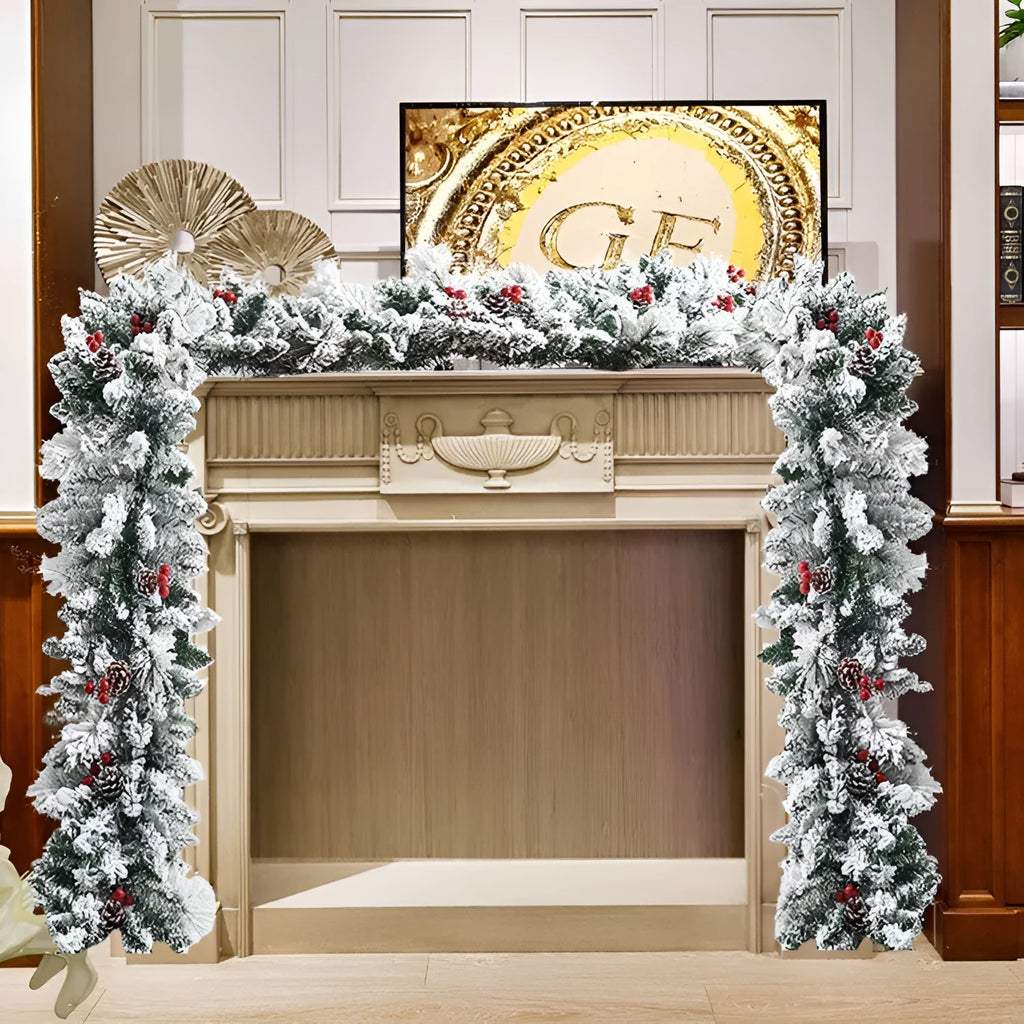 Artificial rattan Christmas garland with flocking snow effect draped on mantelpiece