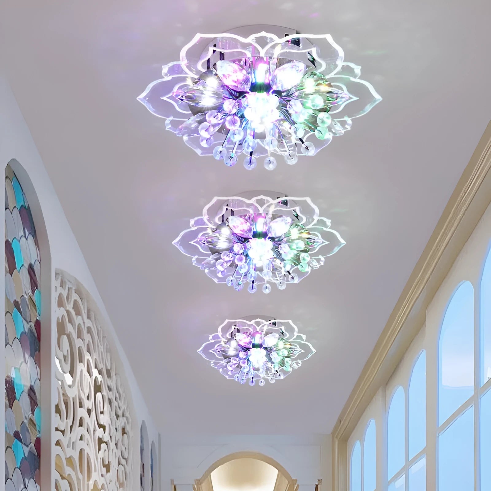 Modern crystal and acrylic ceiling lamp with flower-shaped shade in concealed and exposed installation styles