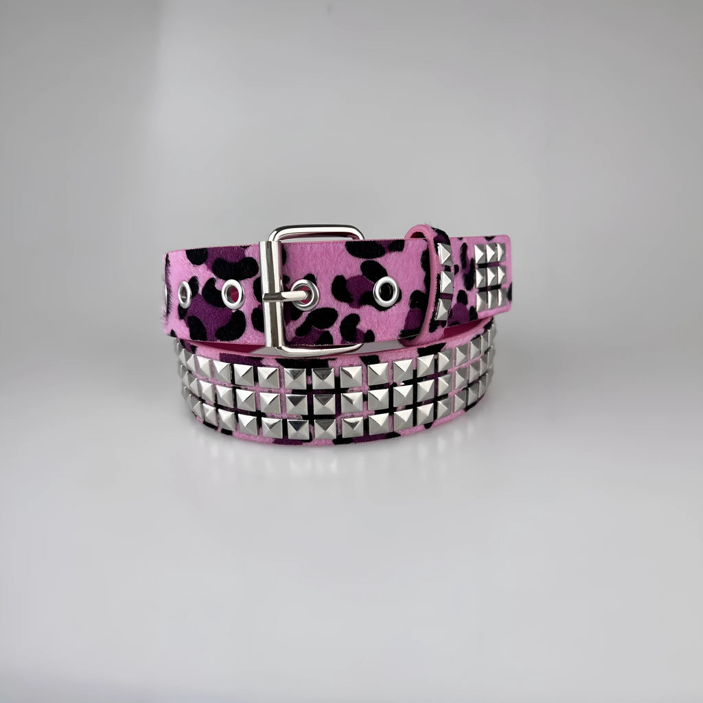 Women's punk fashion belt with metal rivets in leopard print pattern and alloy buckle