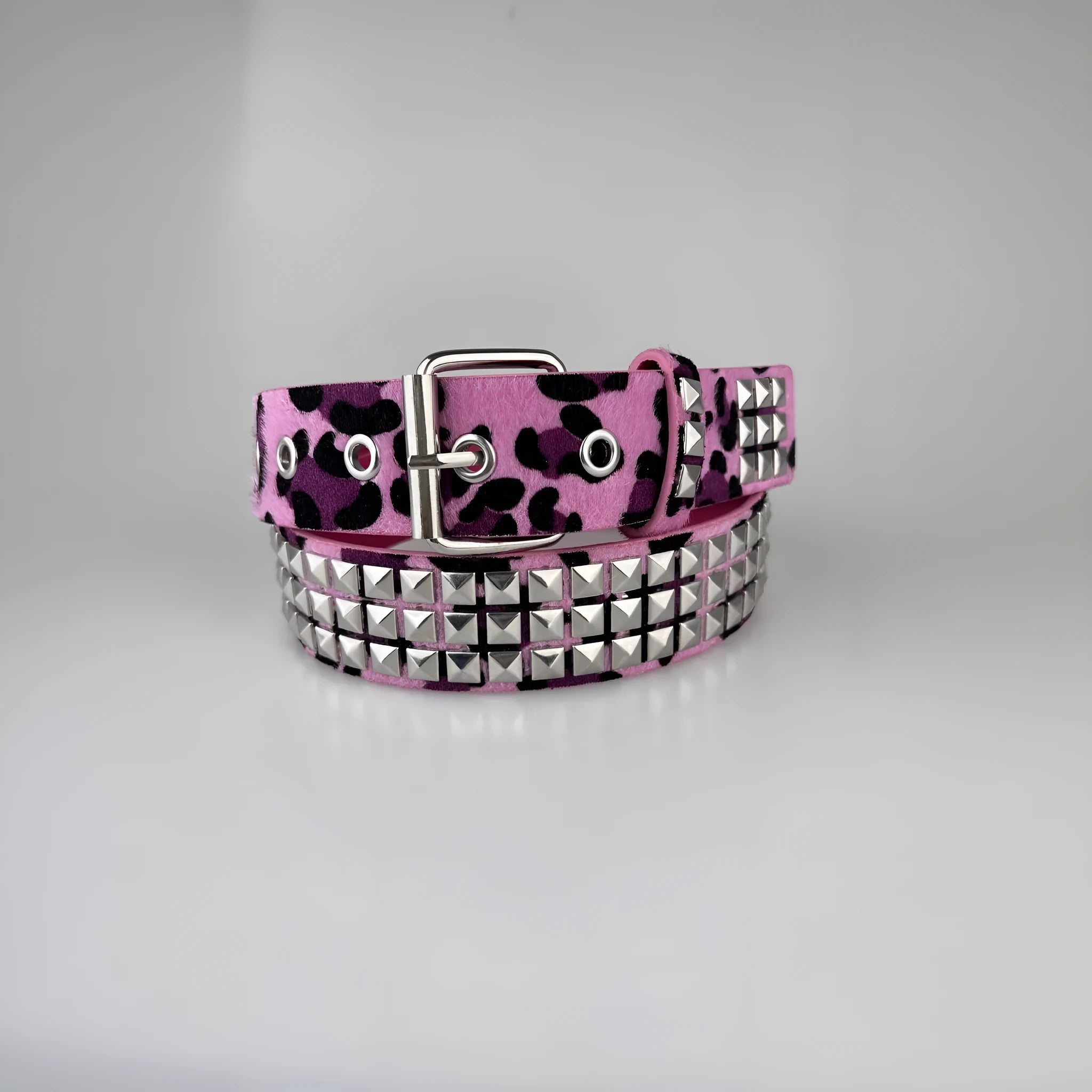 Women's punk fashion belt with metal rivets in leopard print pattern and alloy buckle