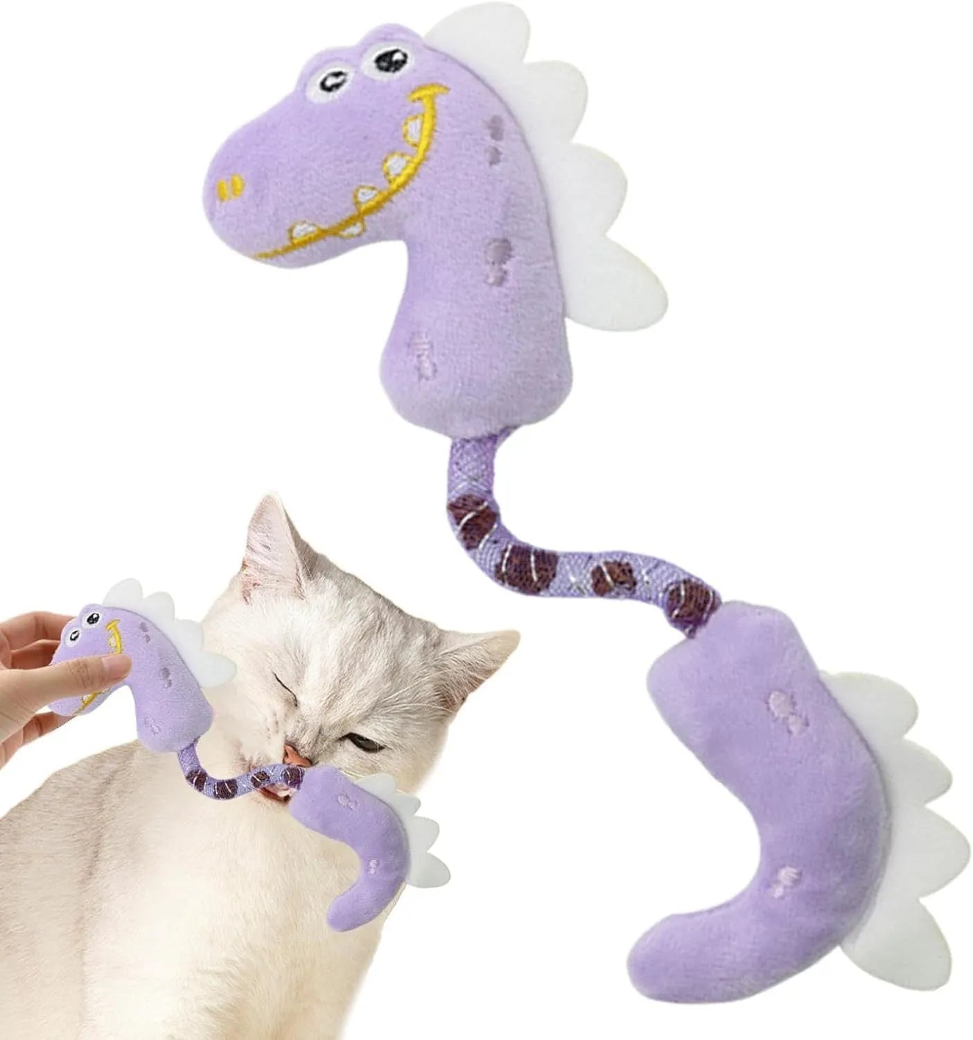 Set of four colourful plush cat toys including a fish, mouse, bunny, and rope on a plain background.