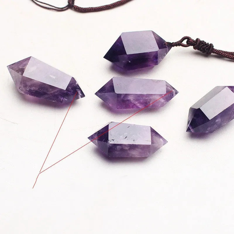 Natural amethyst hexagonal pendant with adjustable chain on purple background
