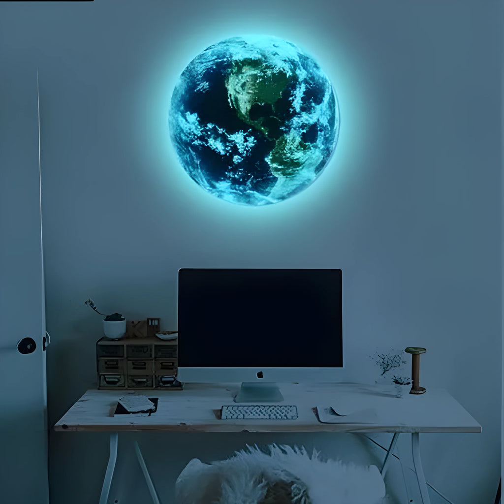 Glow in the dark 3D Earth wall sticker showing luminous planet decoration on wall