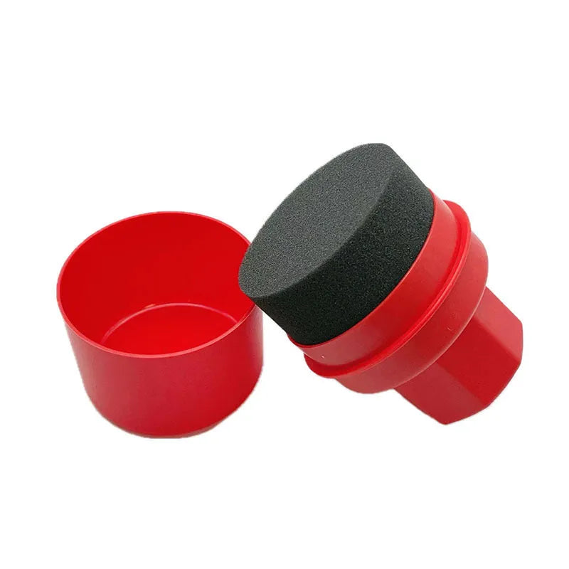 Car tyre polishing sponge brush with lid showing 85 × 120 mm dimensions and four colour/texture options