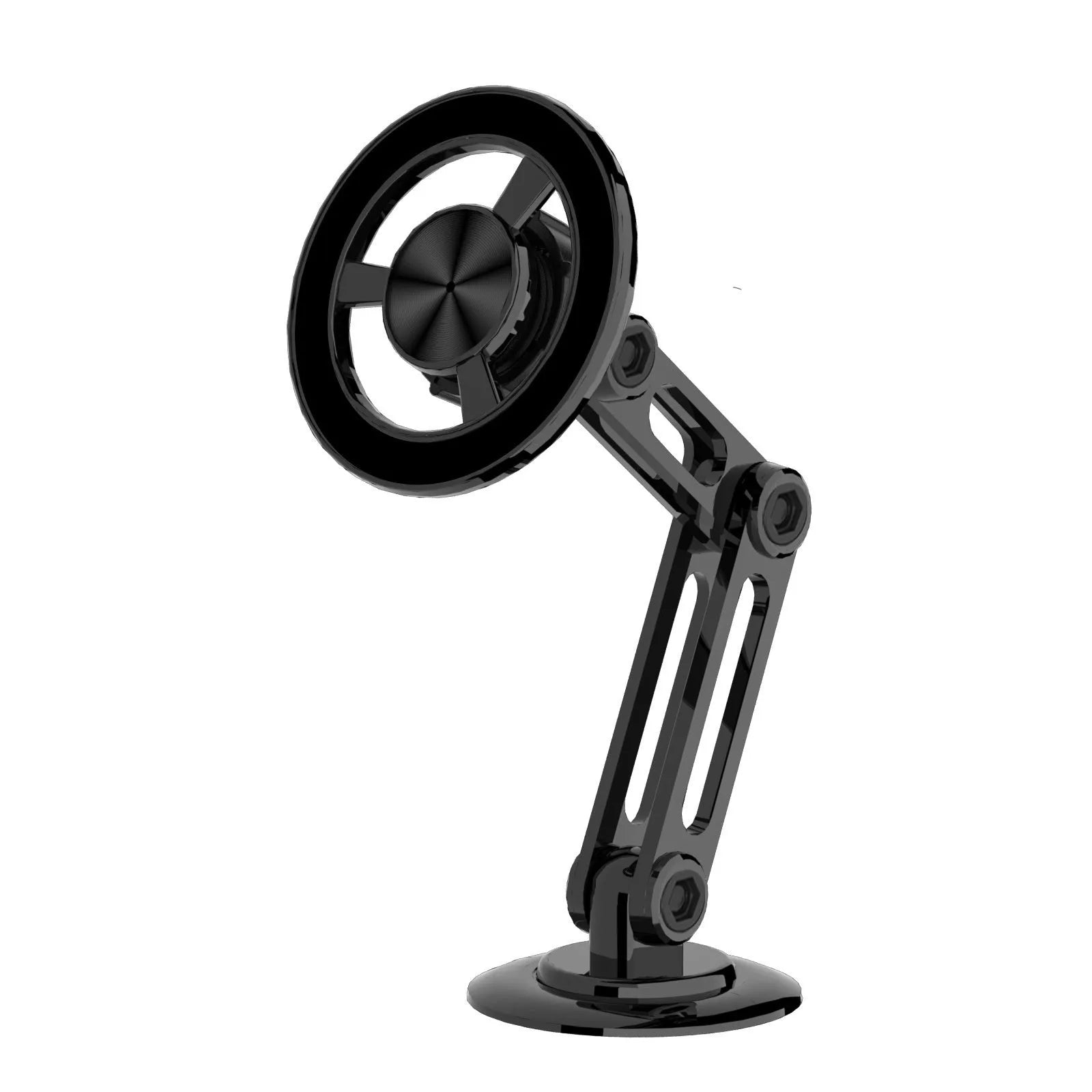 All-metal magnetic car phone holder in black, silver, gold and rose gold colours with magnetic rings and adhesive pads