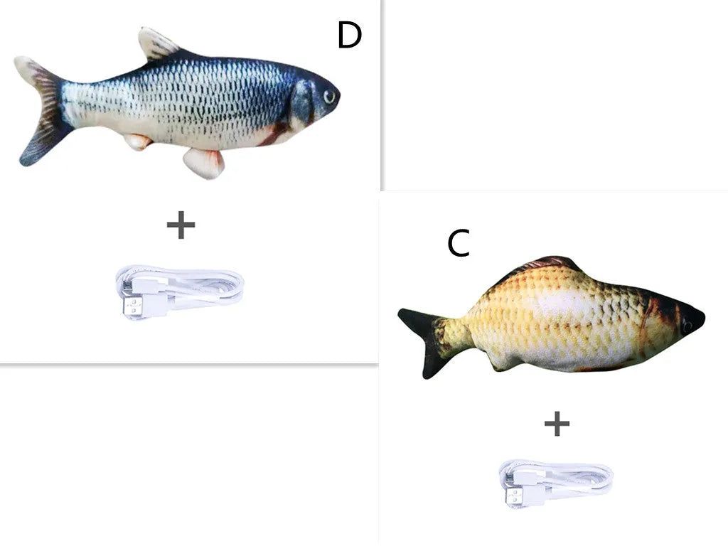 Multicolour electronic fish cat toy measuring 30cm with USB charging cable