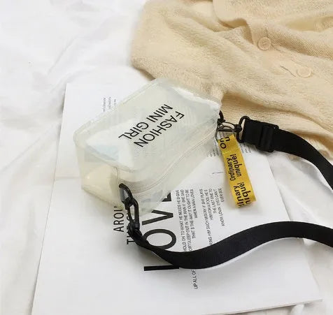 Transparent square jelly shoulder bag with adjustable strap showing mobile phone compartment