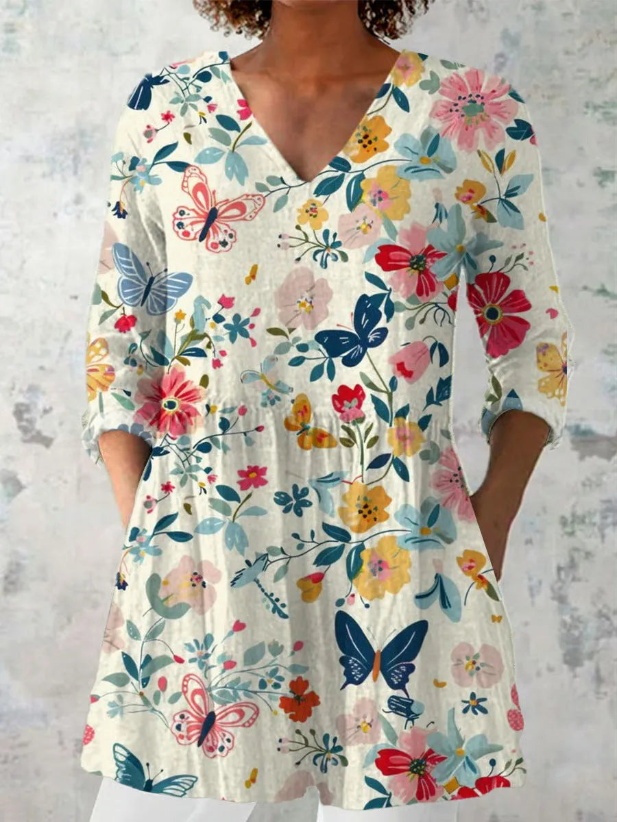 Women's slim fit retro style printed long-sleeved polyester top in multiple colour options