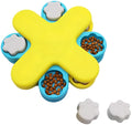 Yellow three-layer rotating dog puzzle feeder toy with claw-shaped lids on a non-slip base.