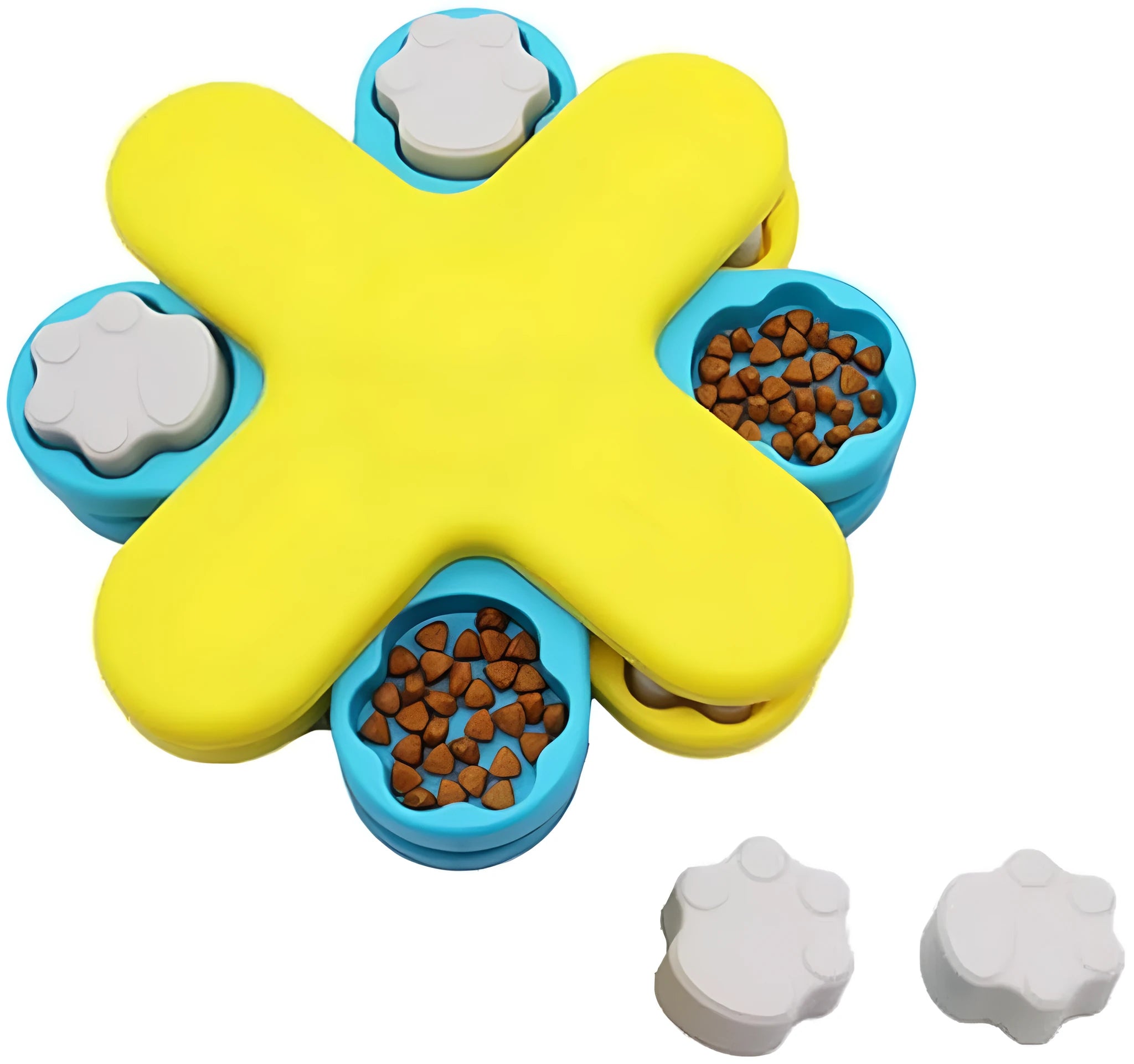Yellow three-layer rotating dog puzzle feeder toy with claw-shaped lids on a non-slip base.