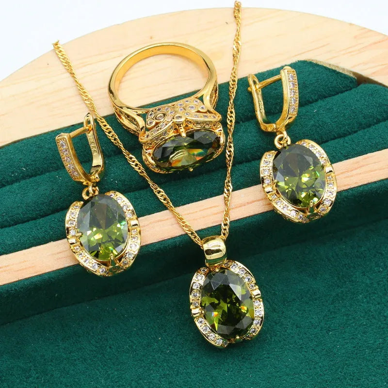 Women's rhinestone zircon jewellery set with snake bones chain necklace, earrings, and ring in olive green or red