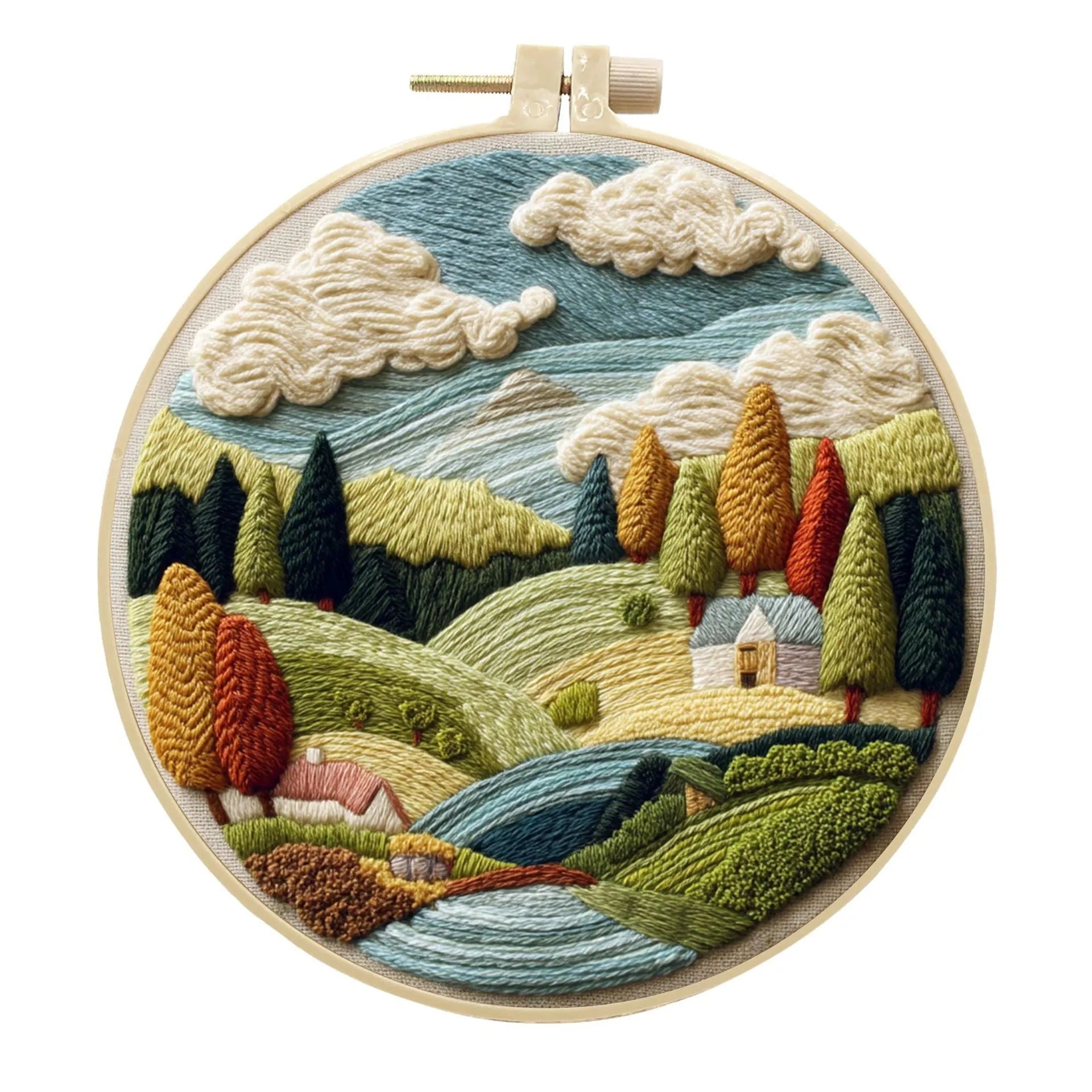 Embroidery DIY kit with landscape-printed cotton fabric, thread, needles, and a 15cm bamboo-style frame.