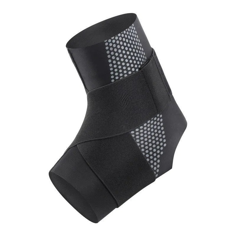 Black Lycra ankle support brace shown wrapped around an adult ankle