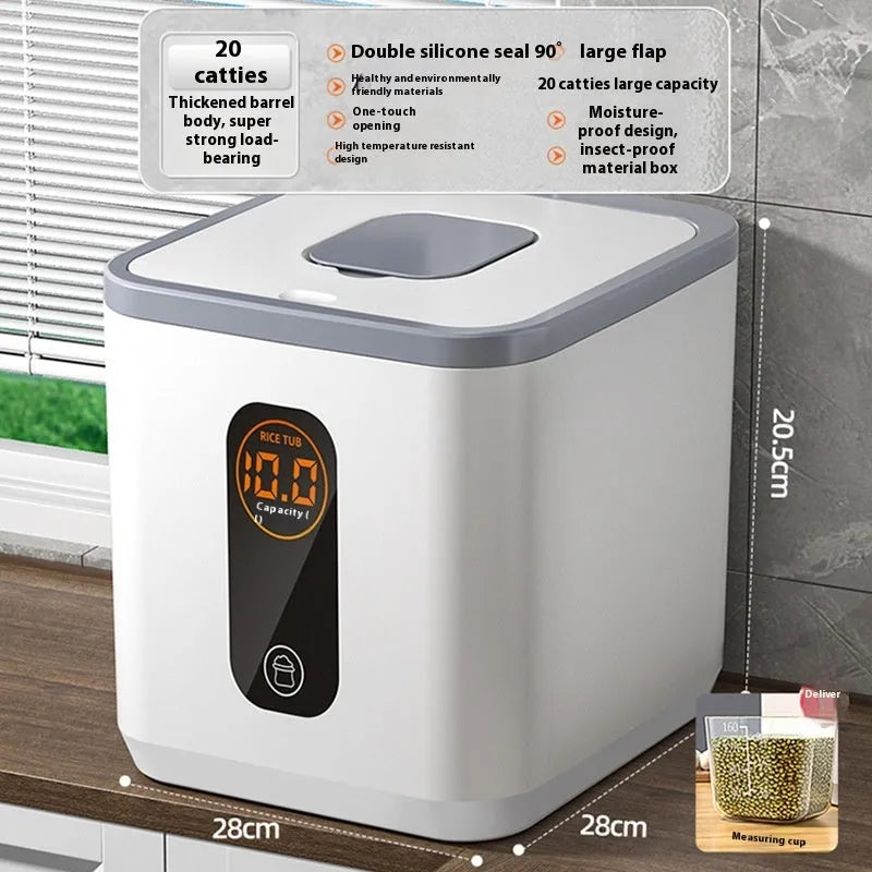 Grey plastic sealed rice storage jar with a lid, shown with a measuring cup.